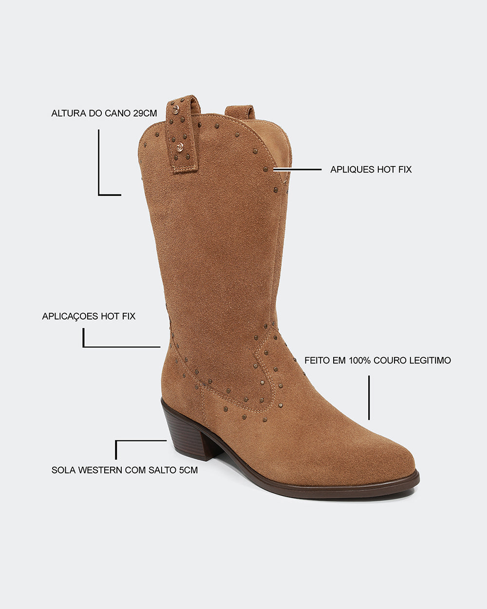 Bota Western Hotfix Cano Médio Camurça Amêndoa Villa Griffe