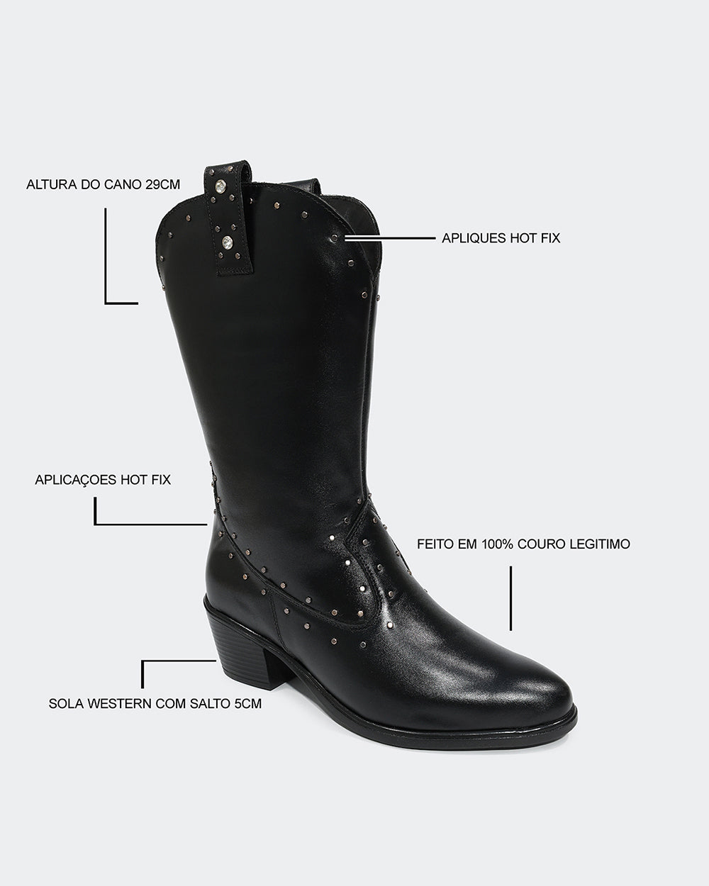 Bota Western Hotfix Cano Médio Preta Villa Griffe