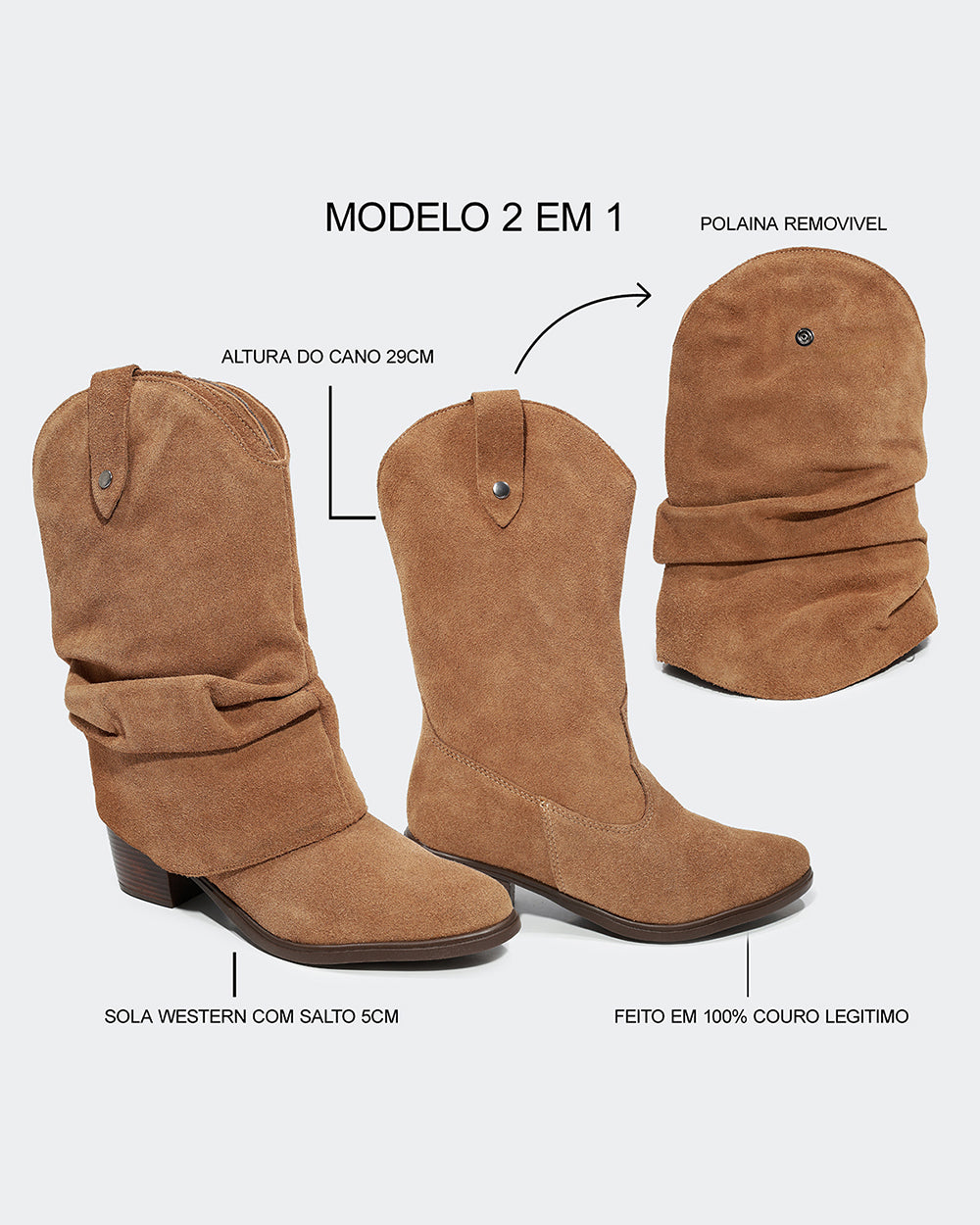 Bota Western Polaina Slouchy Cano Médio Camurça Amêndoa Villa Griffe