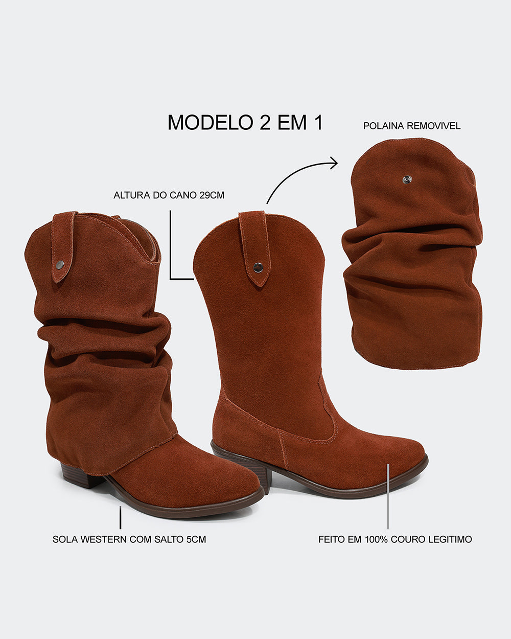 Bota Western Polaina Slouchy Cano Médio Camurça Marrom Villa Griffe
