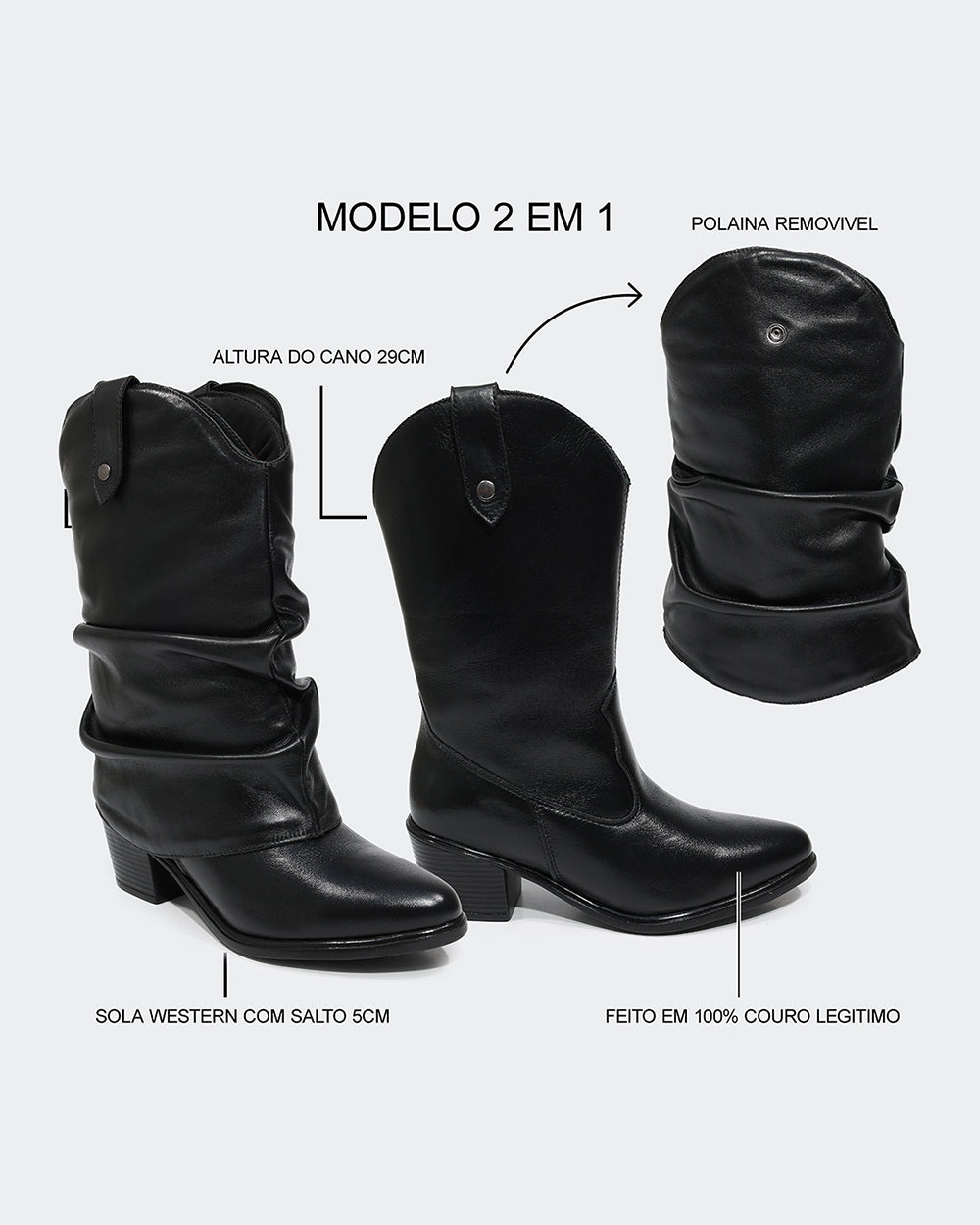 Bota Western Polaina Slouchy Cano Médio Preta Villa Griffe