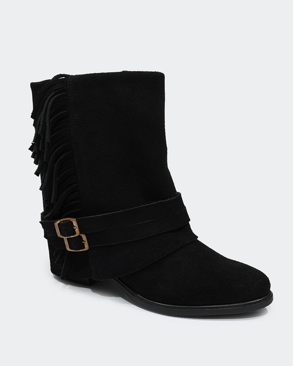 Bota Polaina Franjas Cano Curto Camurça Preta Villa Griffe
