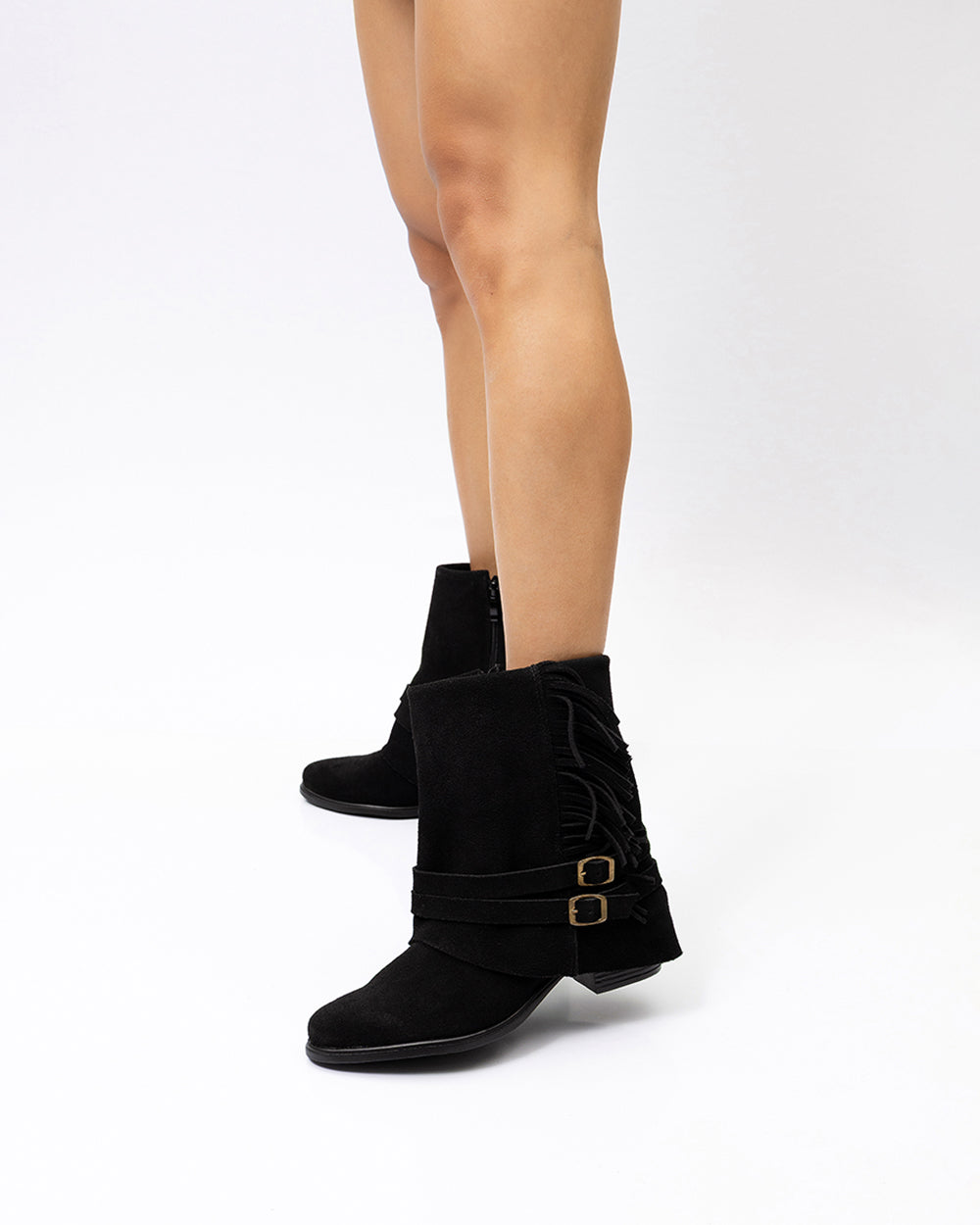 Bota Polaina Franjas Cano Curto Camurça Preta Villa Griffe