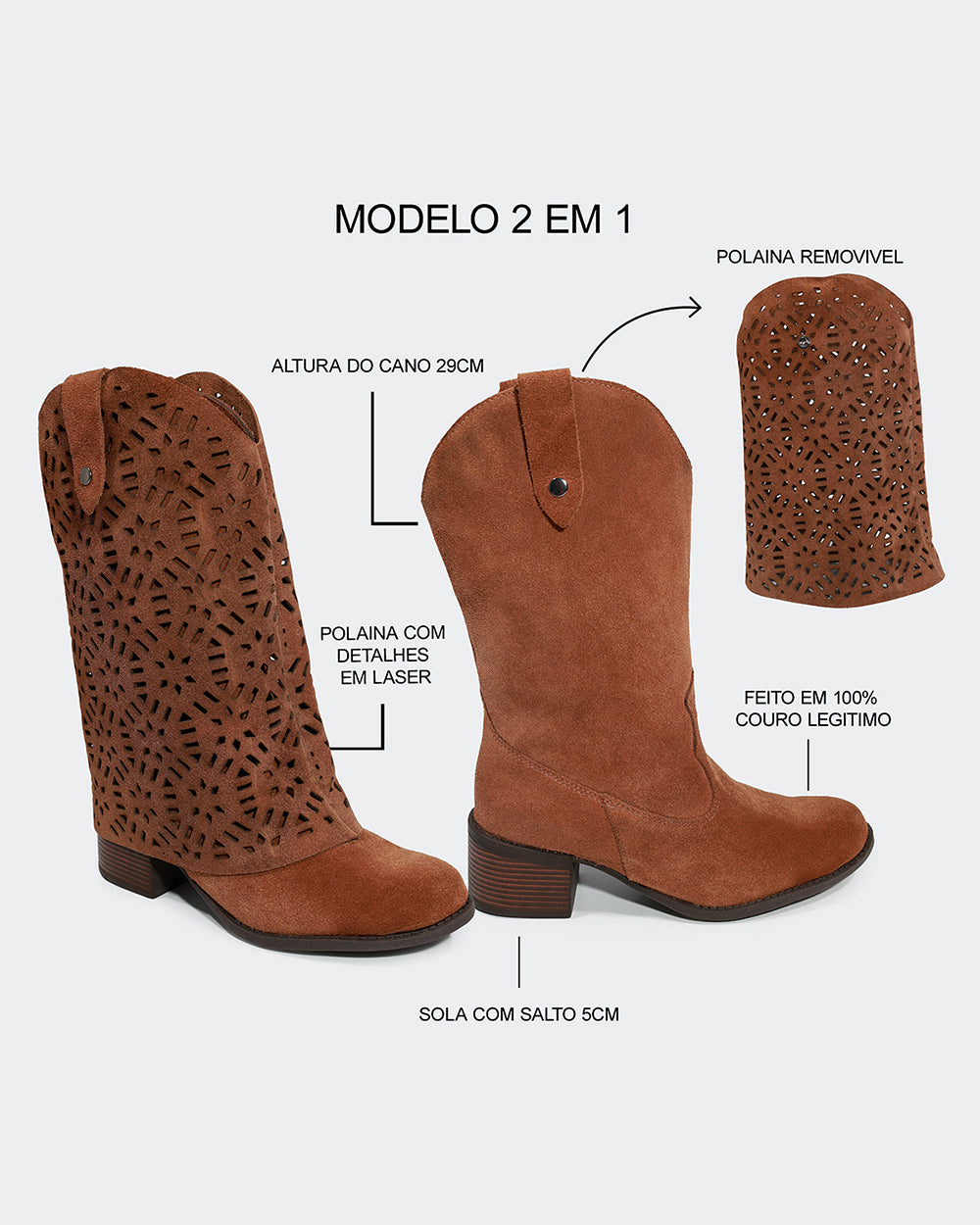 Bota Western Polaina Bordada Cano Médio Camurça Marrom Villa Griffe
