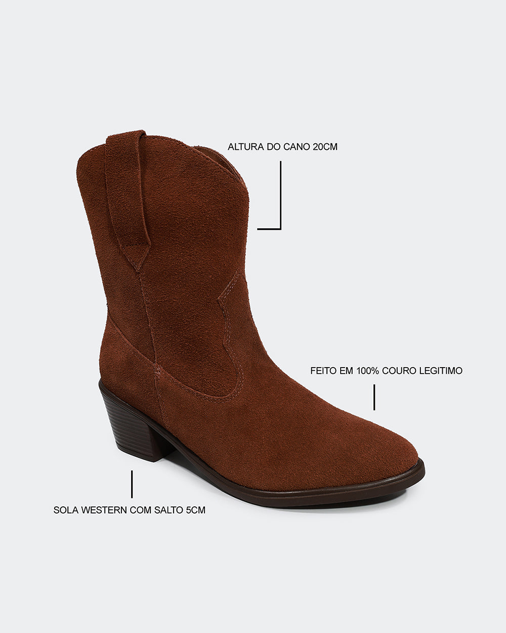 Bota Western Basic Cano Curto Camurça Marrom Villa Griffe