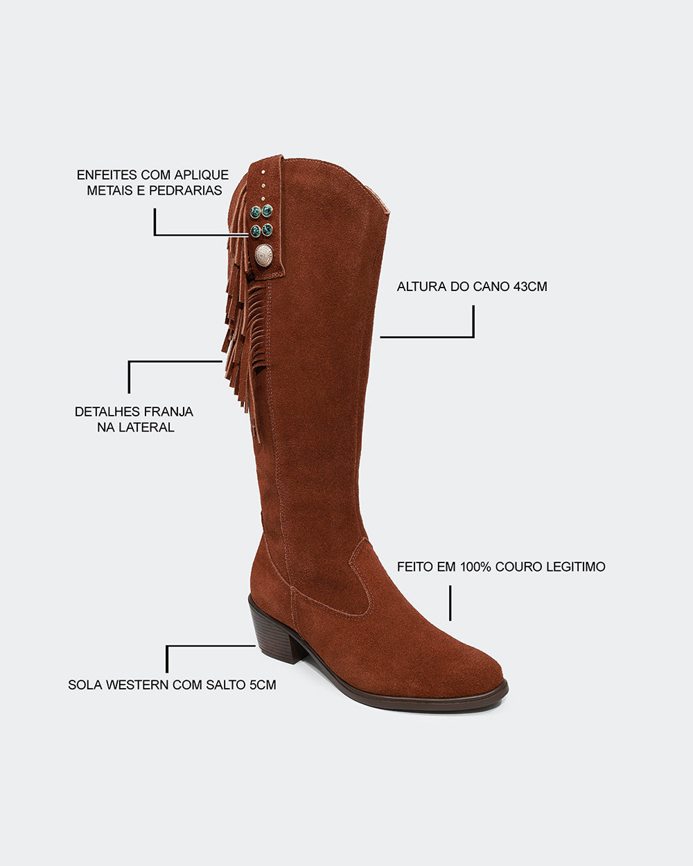 Bota Western Franjas Cano Longo Camurça Marrom Villa Griffe