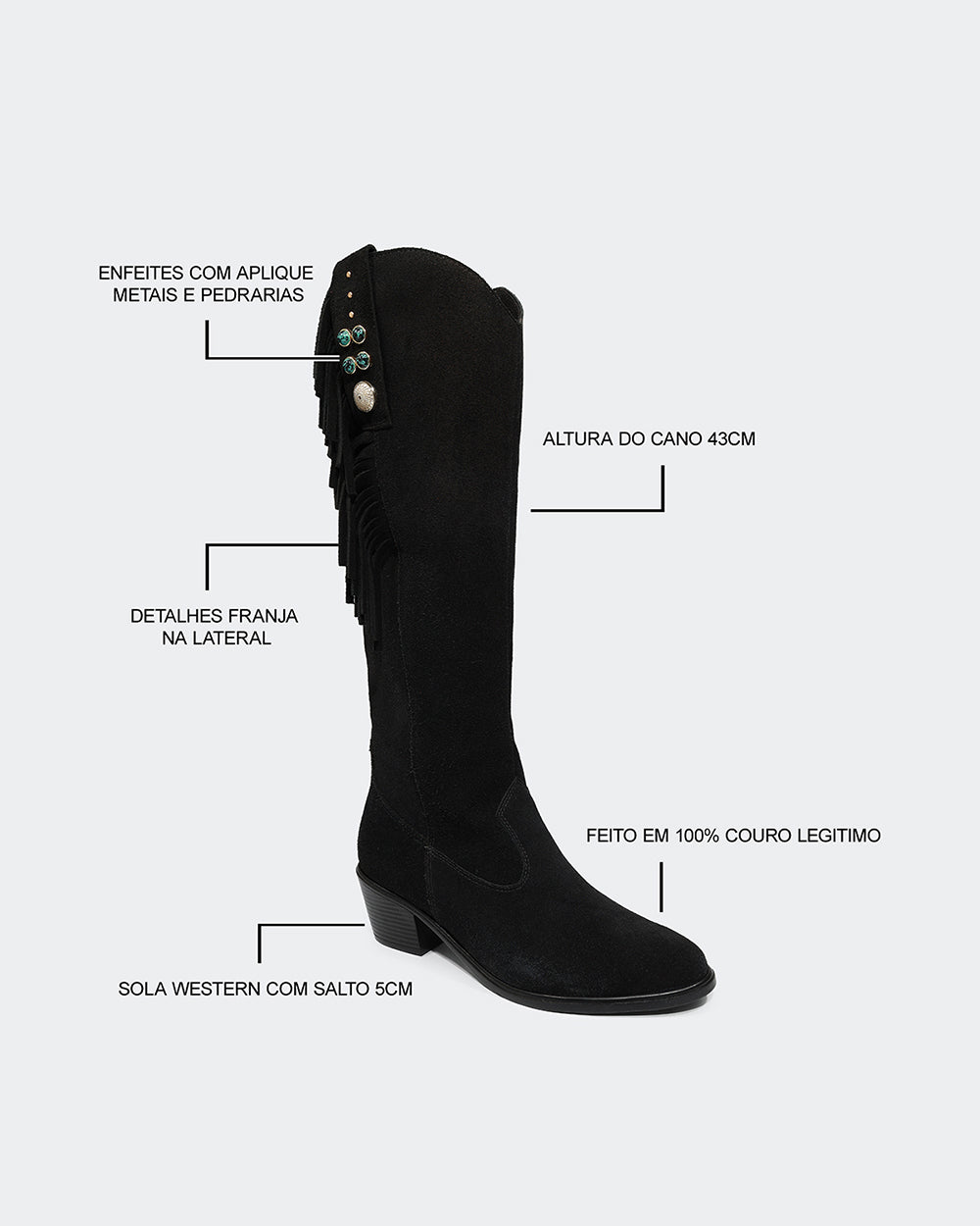 Bota Western Franjas Cano Longo Camurça Preta Villa Griffe