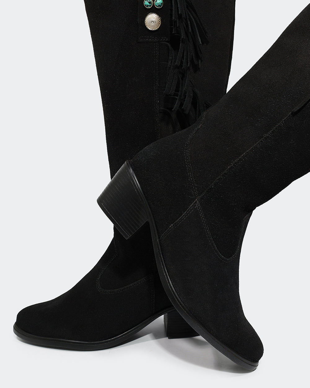 Bota Western Franjas Cano Longo Camurça Preta Villa Griffe