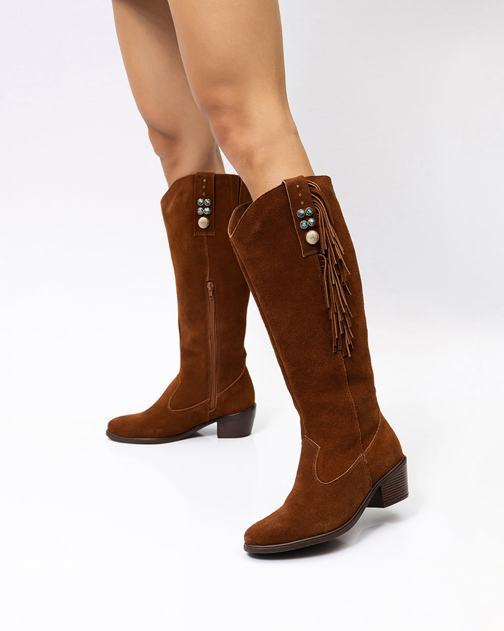 Bota Western Franjas Cano Longo Camurça Marrom Villa Griffe