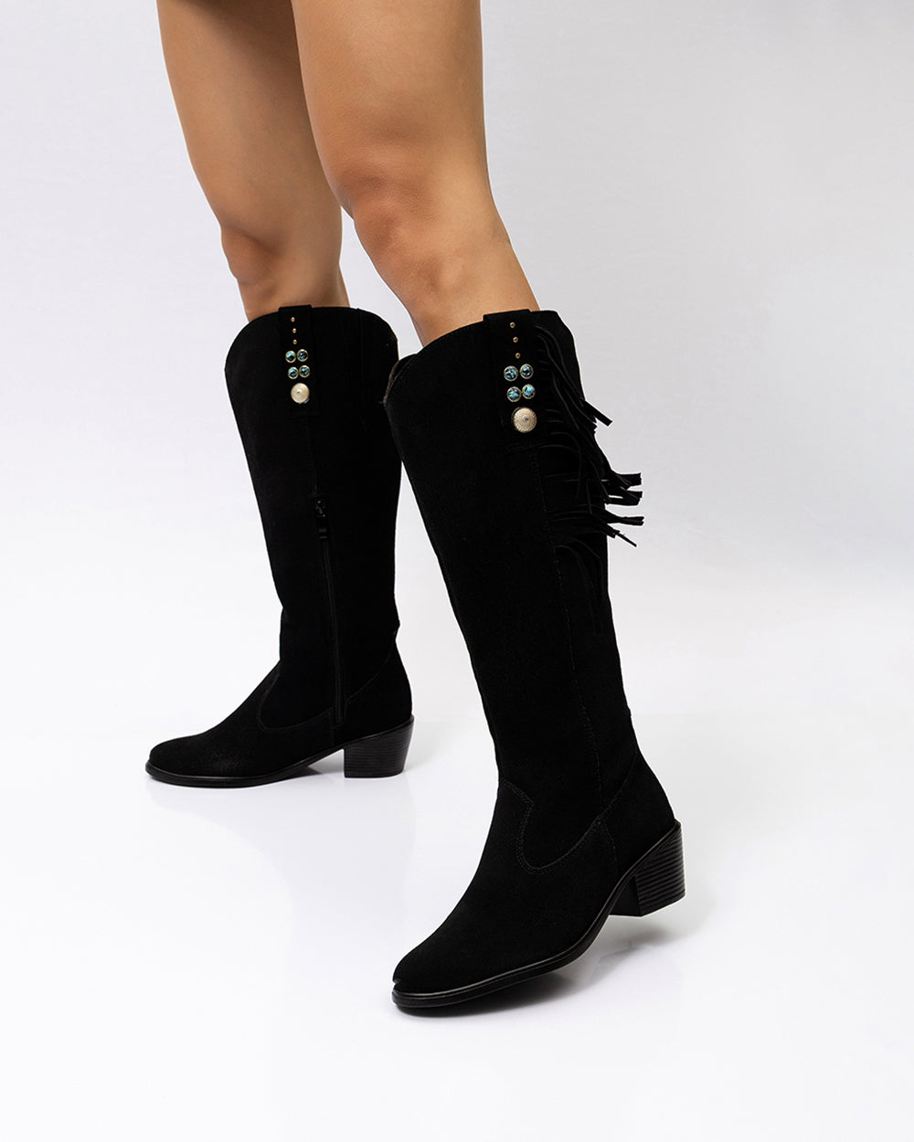 Bota Western Franjas Cano Longo Camurça Preta Villa Griffe