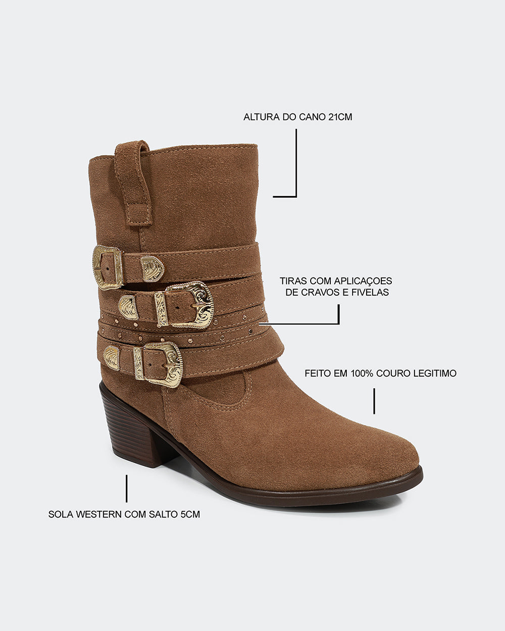 Bota Western Mix Fivelas Cano Médio Camurça Amêndoa Villa Griffe