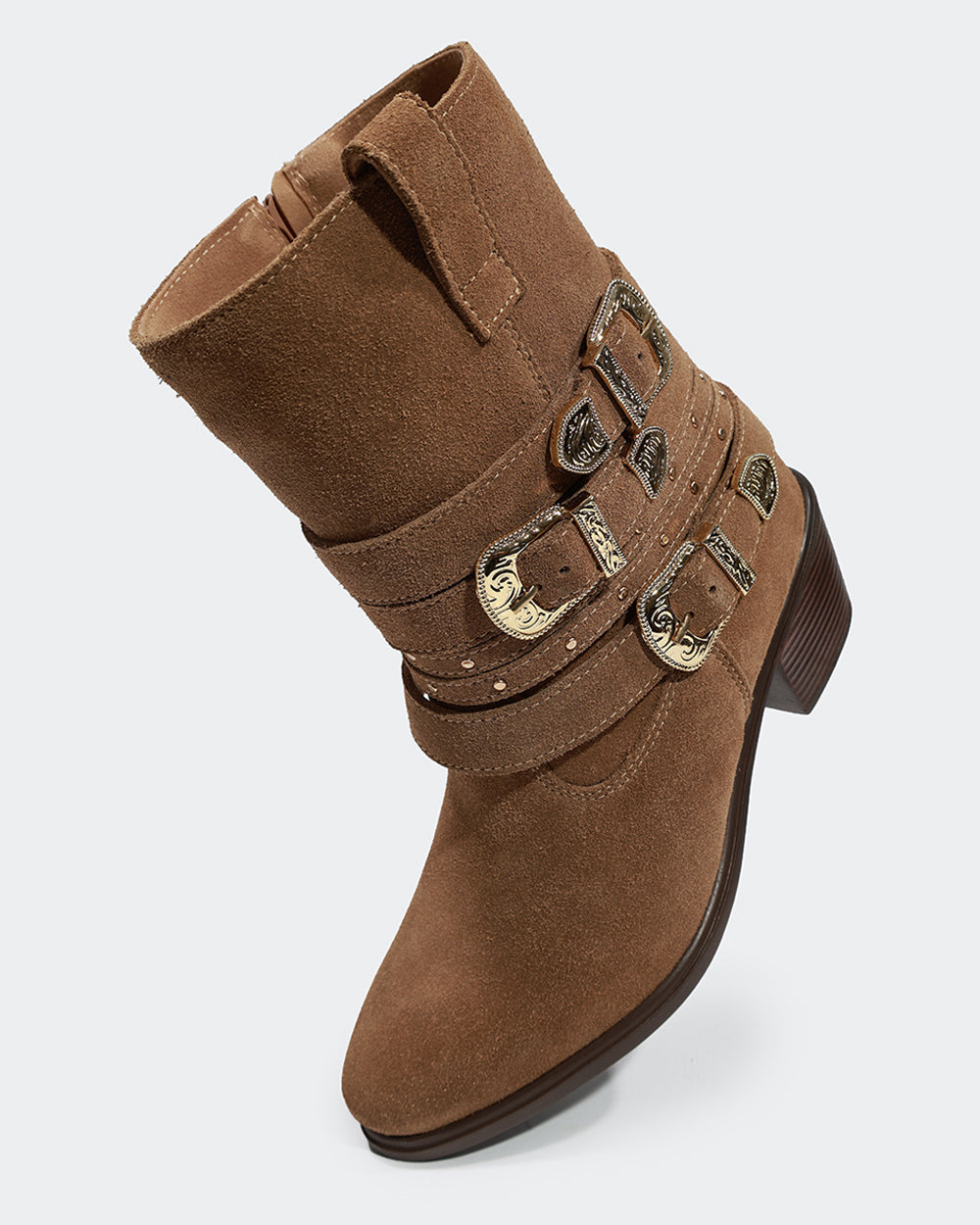 Bota Western Mix Fivelas Cano Médio Camurça Amêndoa Villa Griffe