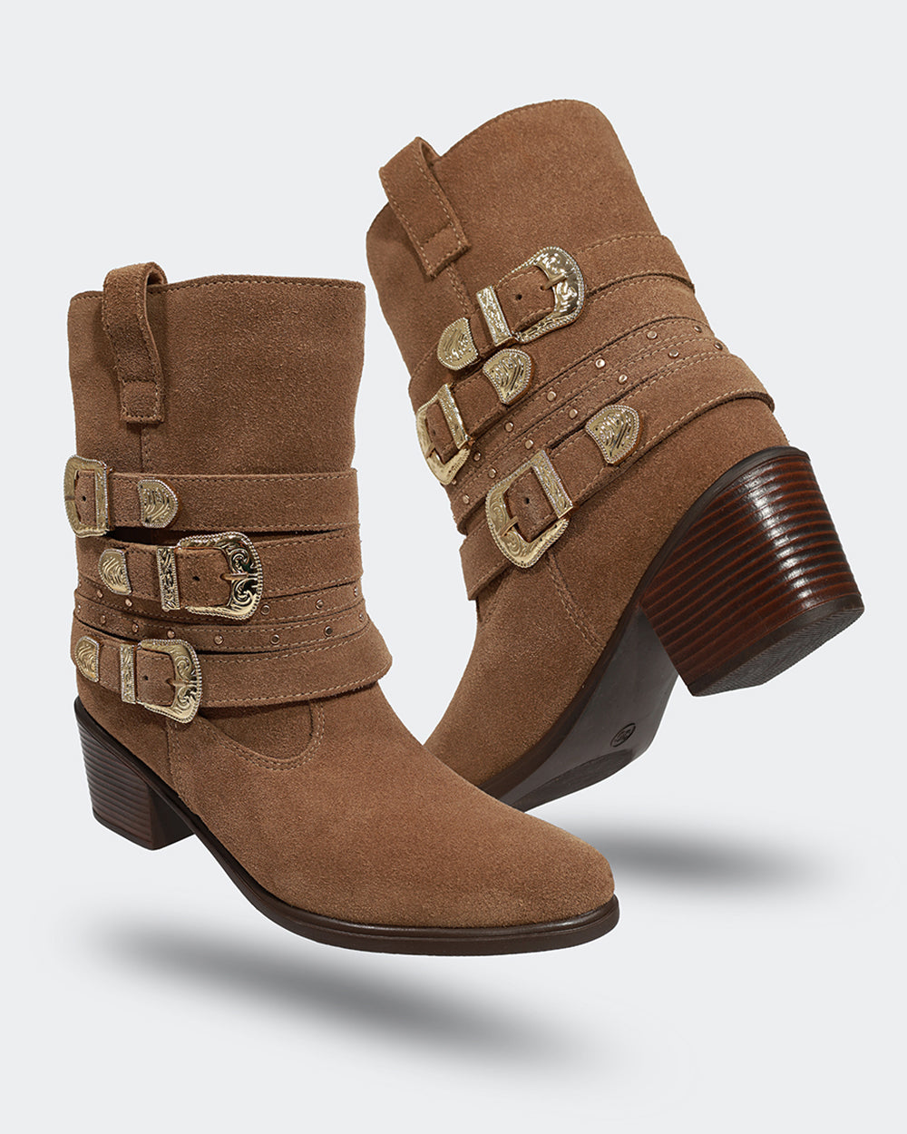 Bota Western Mix Fivelas Cano Médio Camurça Amêndoa Villa Griffe