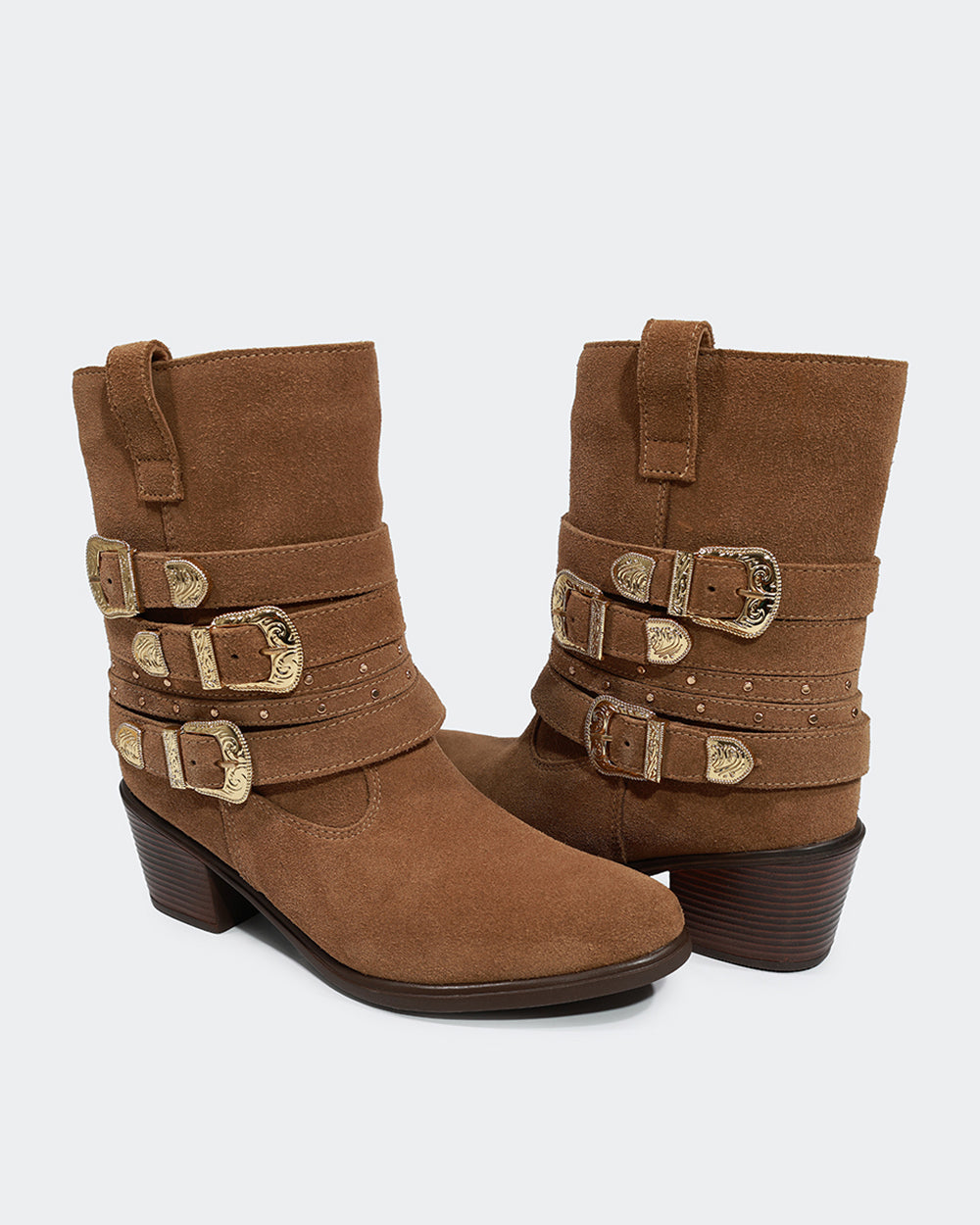 Bota Western Mix Fivelas Cano Médio Camurça Amêndoa Villa Griffe