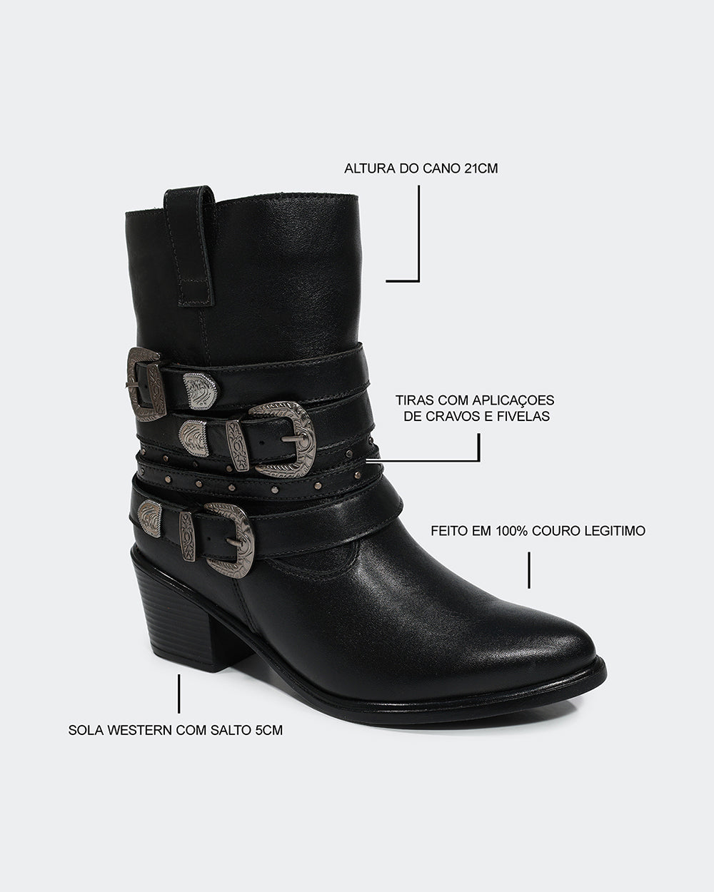 Bota Western Mix Fivelas Cano Médio Preta Villa Griffe