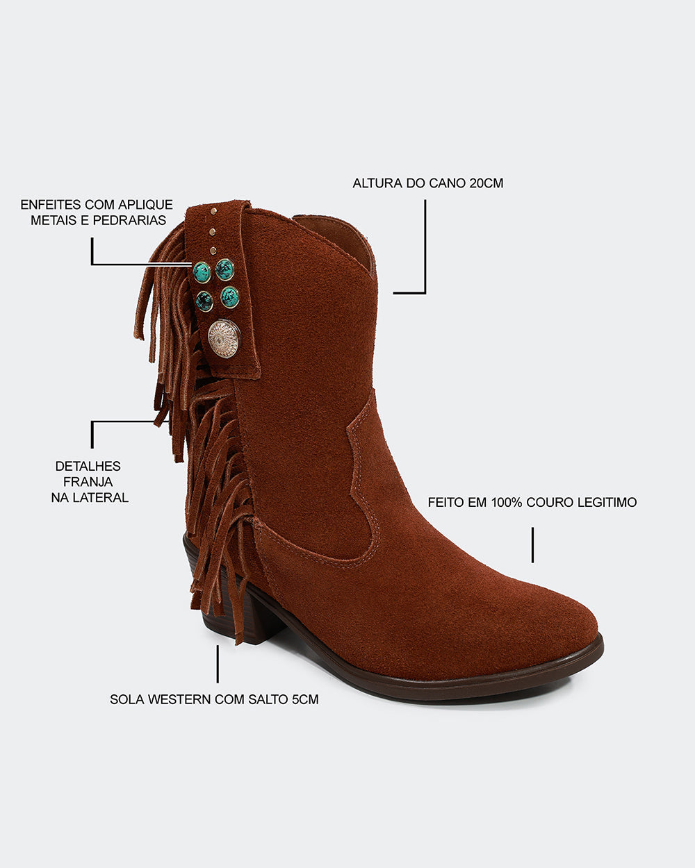 Bota Western Franjas Cano Curto Camurça Marrom Villa Griffe