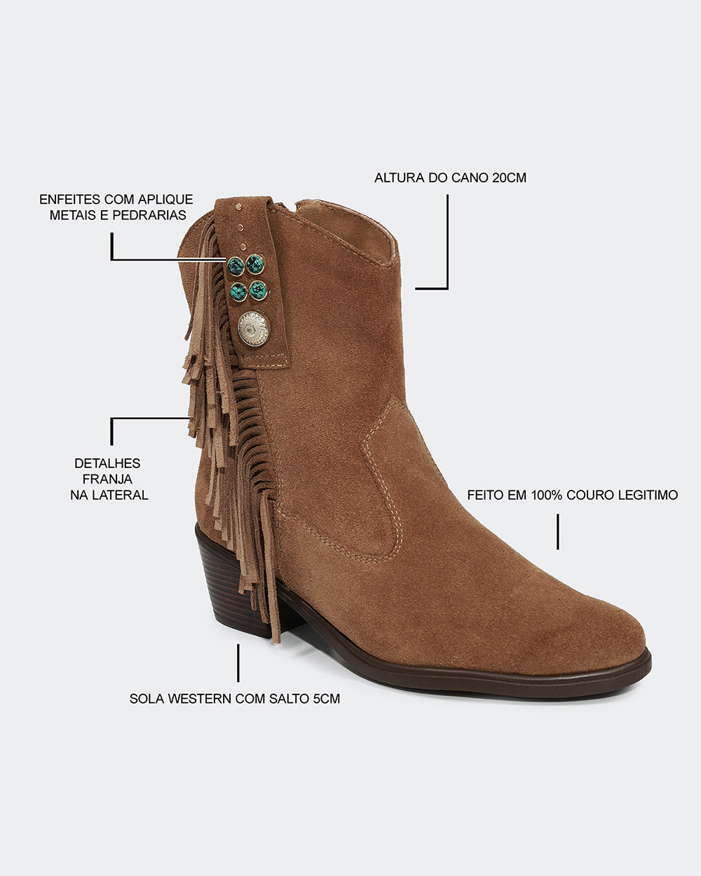 Bota Western Franjas Cano Curto Camurça Amêndoa Villa Griffe