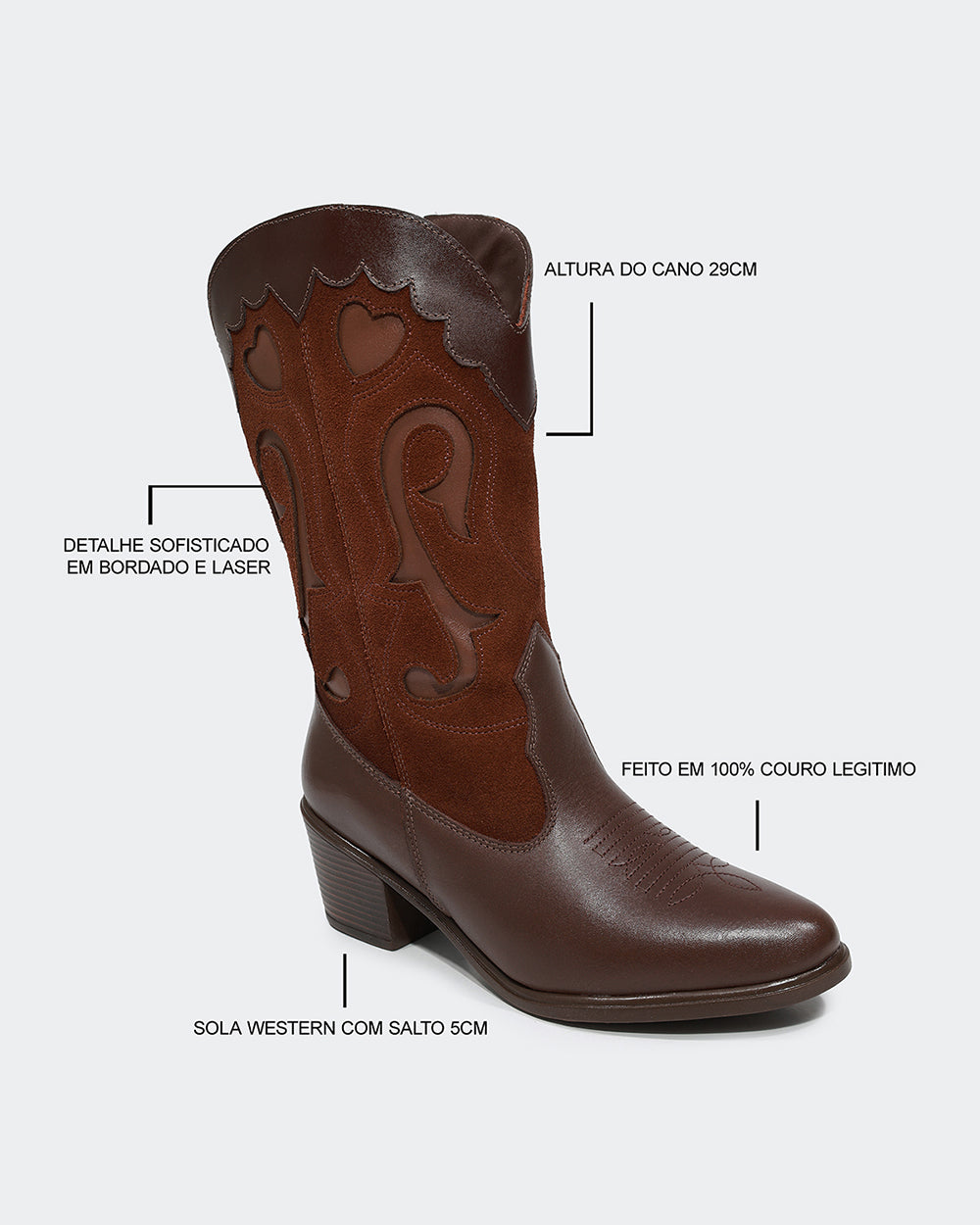 Bota Western Bordada Cano Médio Café Villa Griffe