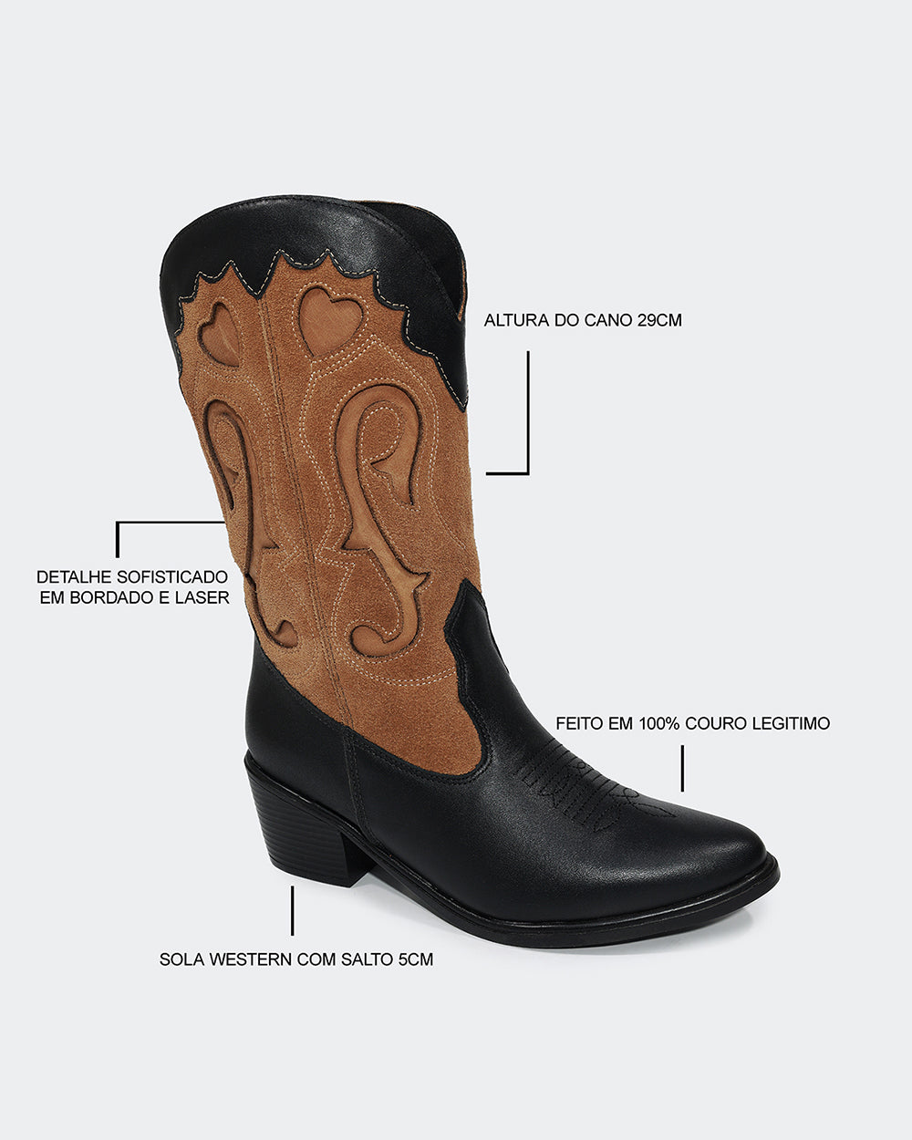 Bota Western Bordada Cano Médio Preta Villa Griffe