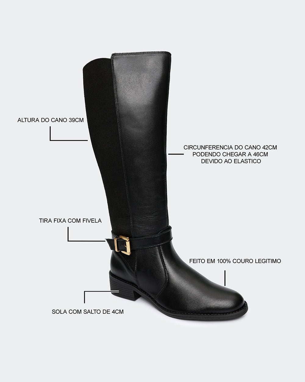 Bota Montaria Elástico Ajustável Cano Longo Preta Villa Griffe