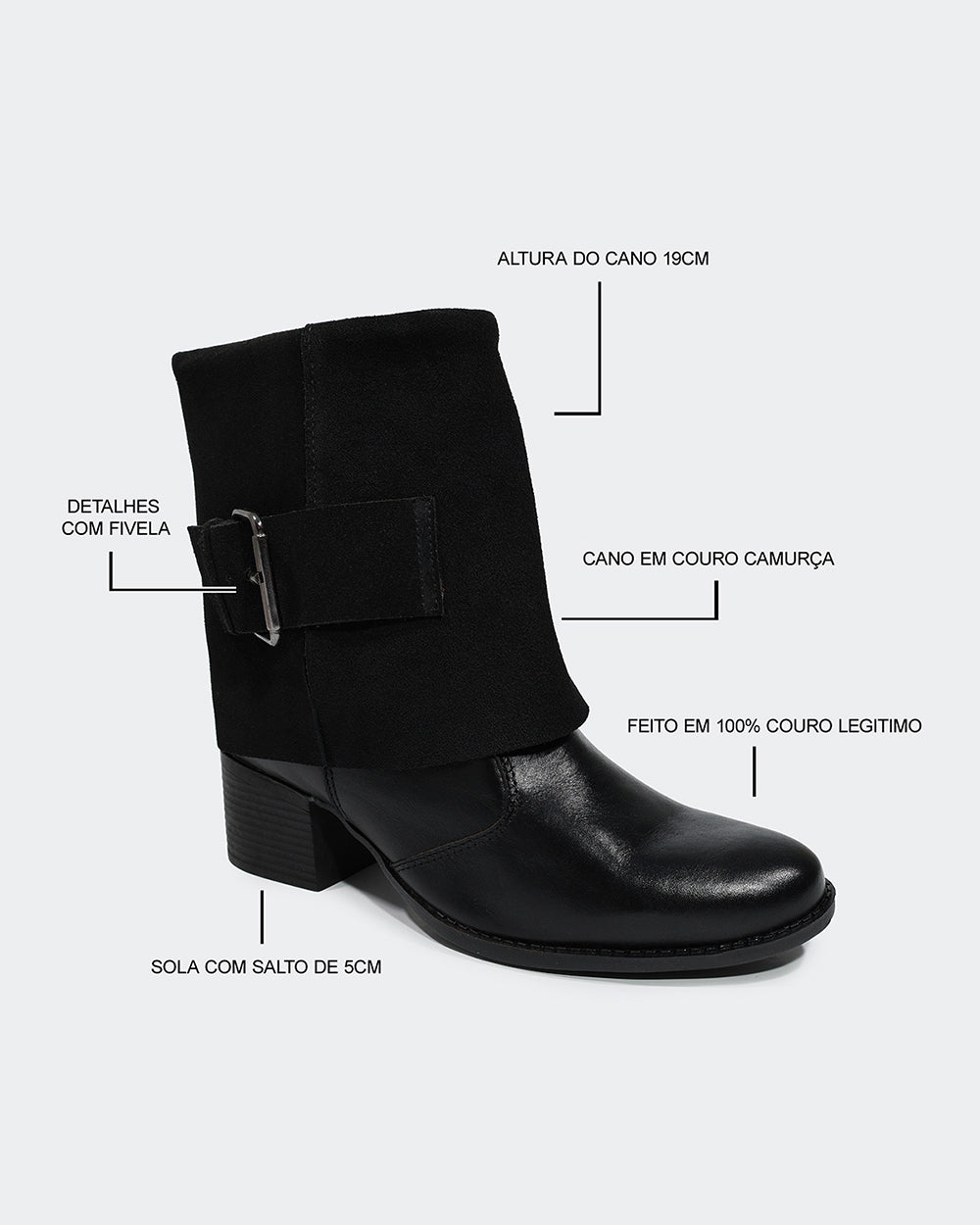 Bota Maxi Fivela Cano Curto Preta Villa Griffe