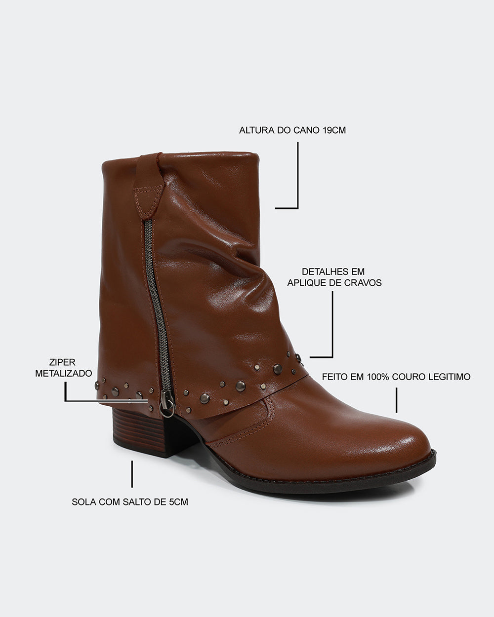 Bota Polaina Zíper Cano Curto Marrom Villa Griffe