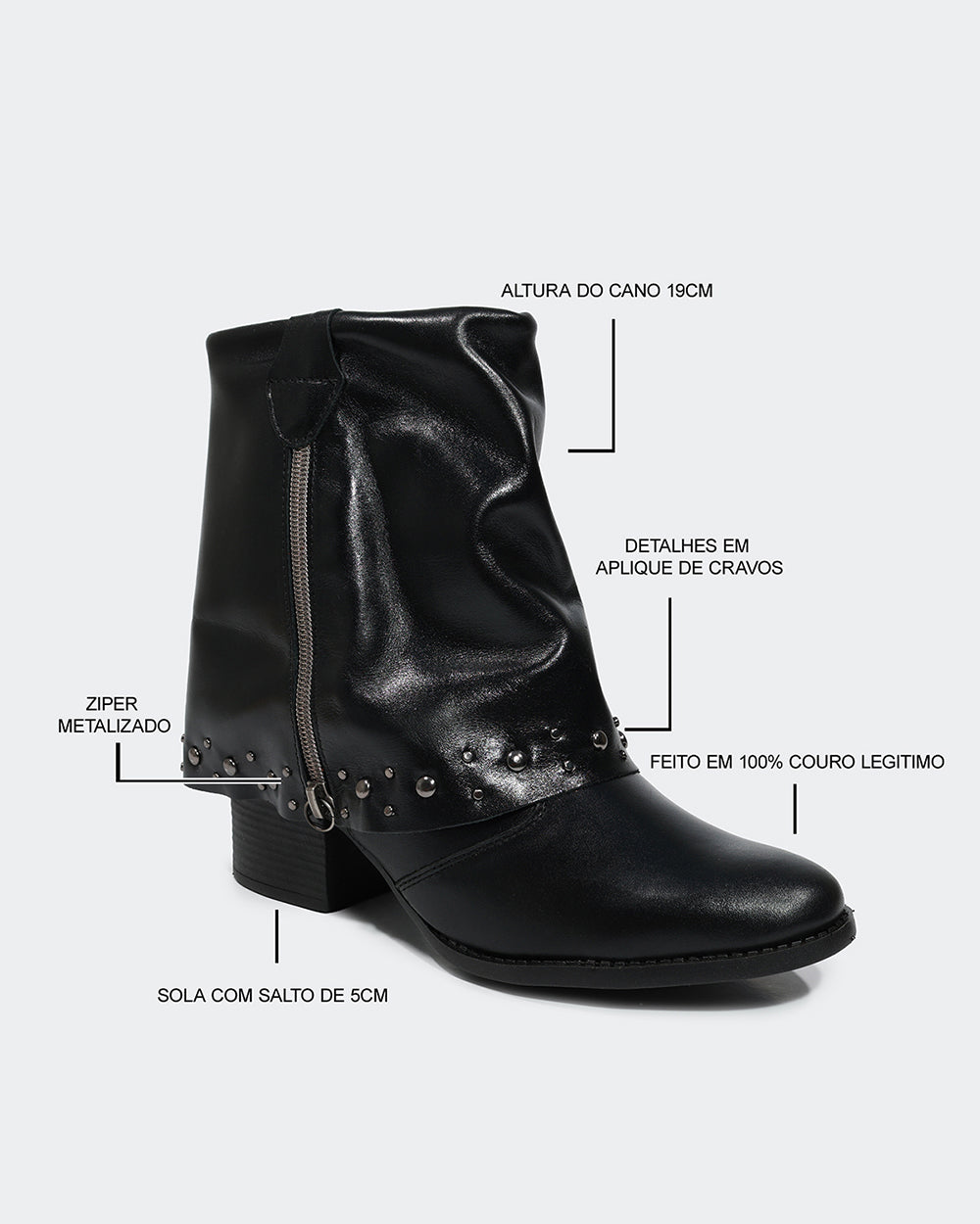 Bota Polaina Zíper Cano Curto Preta Villa Griffe