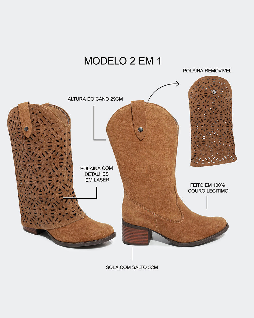 Bota Western Polaina Bordada Cano Médio Camurça Amêndoa Villa Griffe
