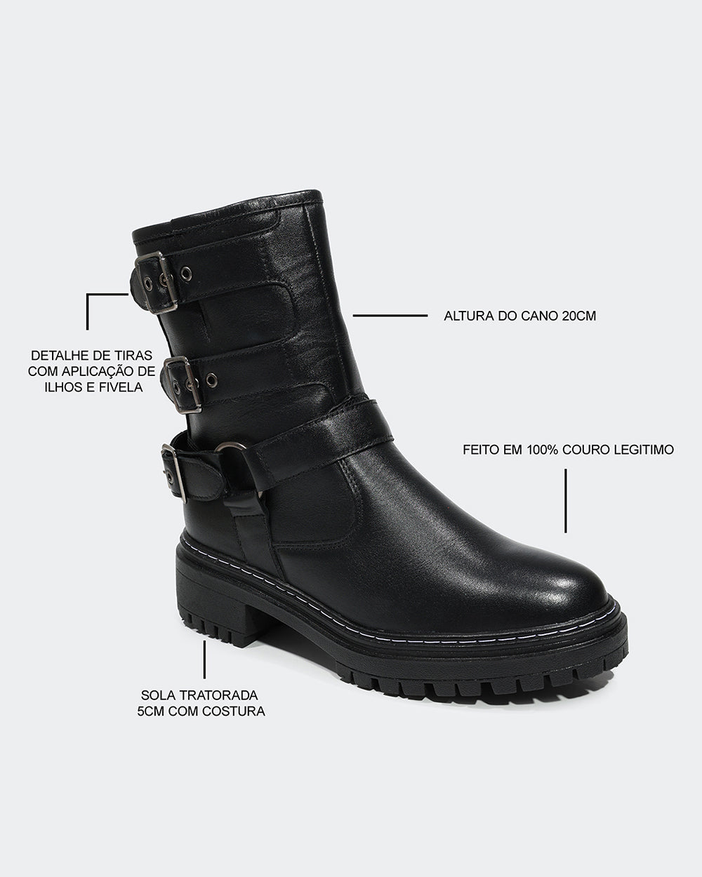 Coturno Mix Fivelas Cano Baixo Preto Villa Griffe