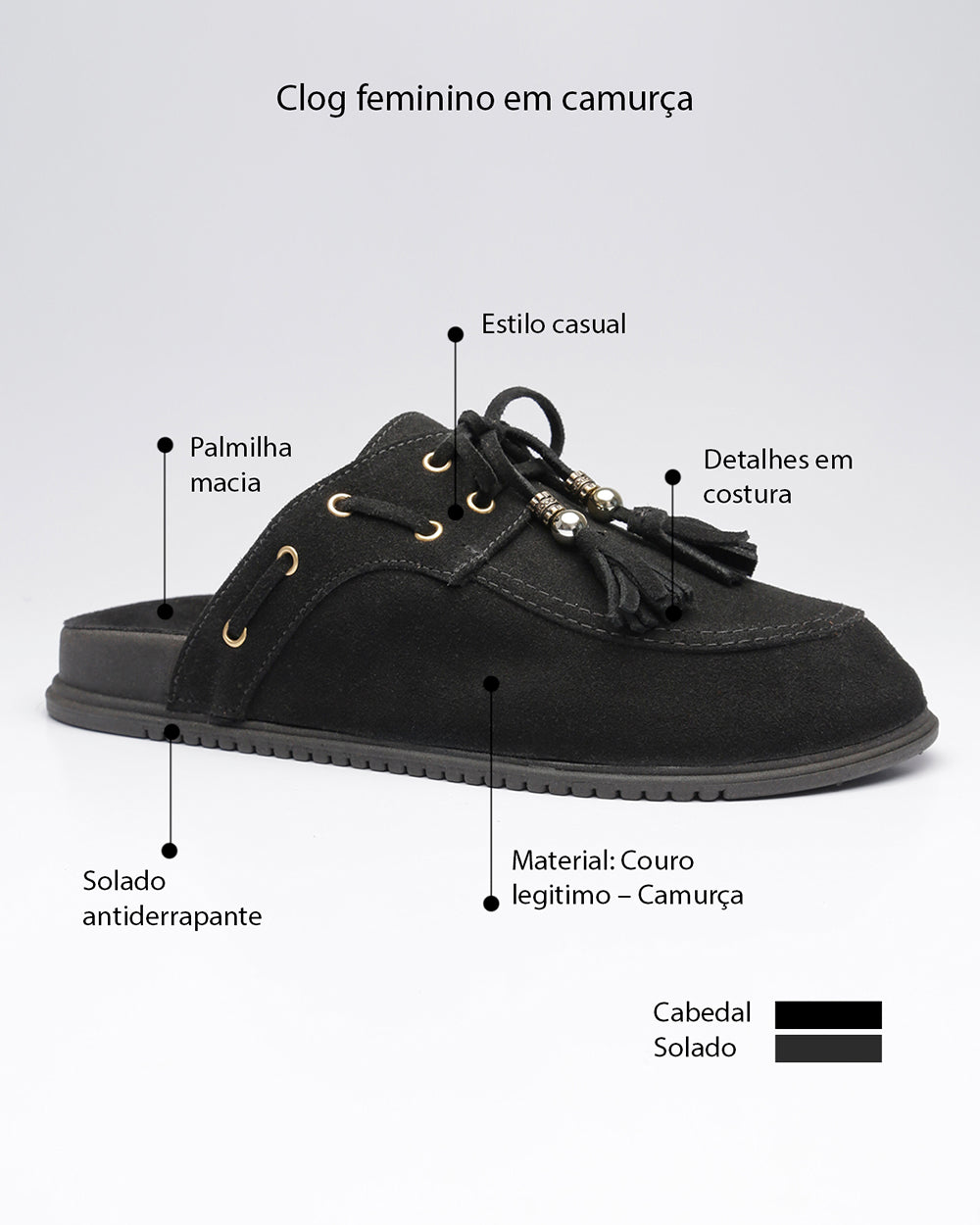 Clog Bambolim Amarração Camurça Preto Villa Griffe