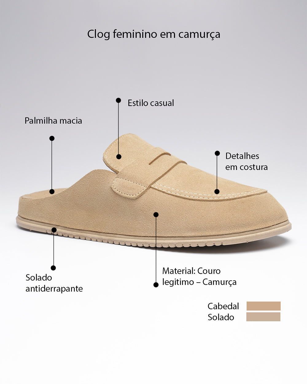 Clog Gravata Basic Camurça Areia Villa Griffe