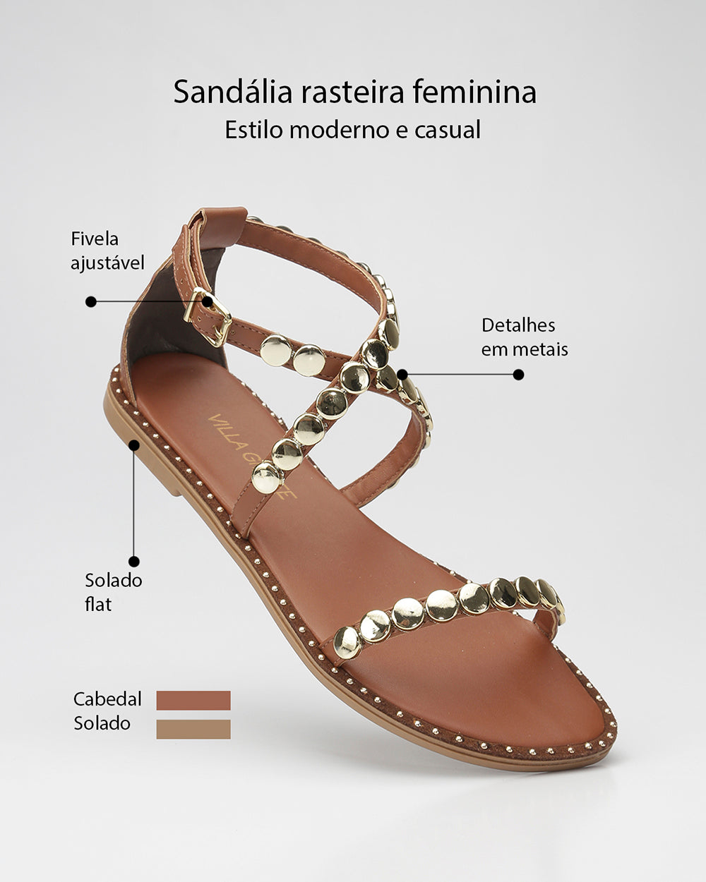 Rasteira Tira Transpassada Esferas Caramelo Villa Griffe