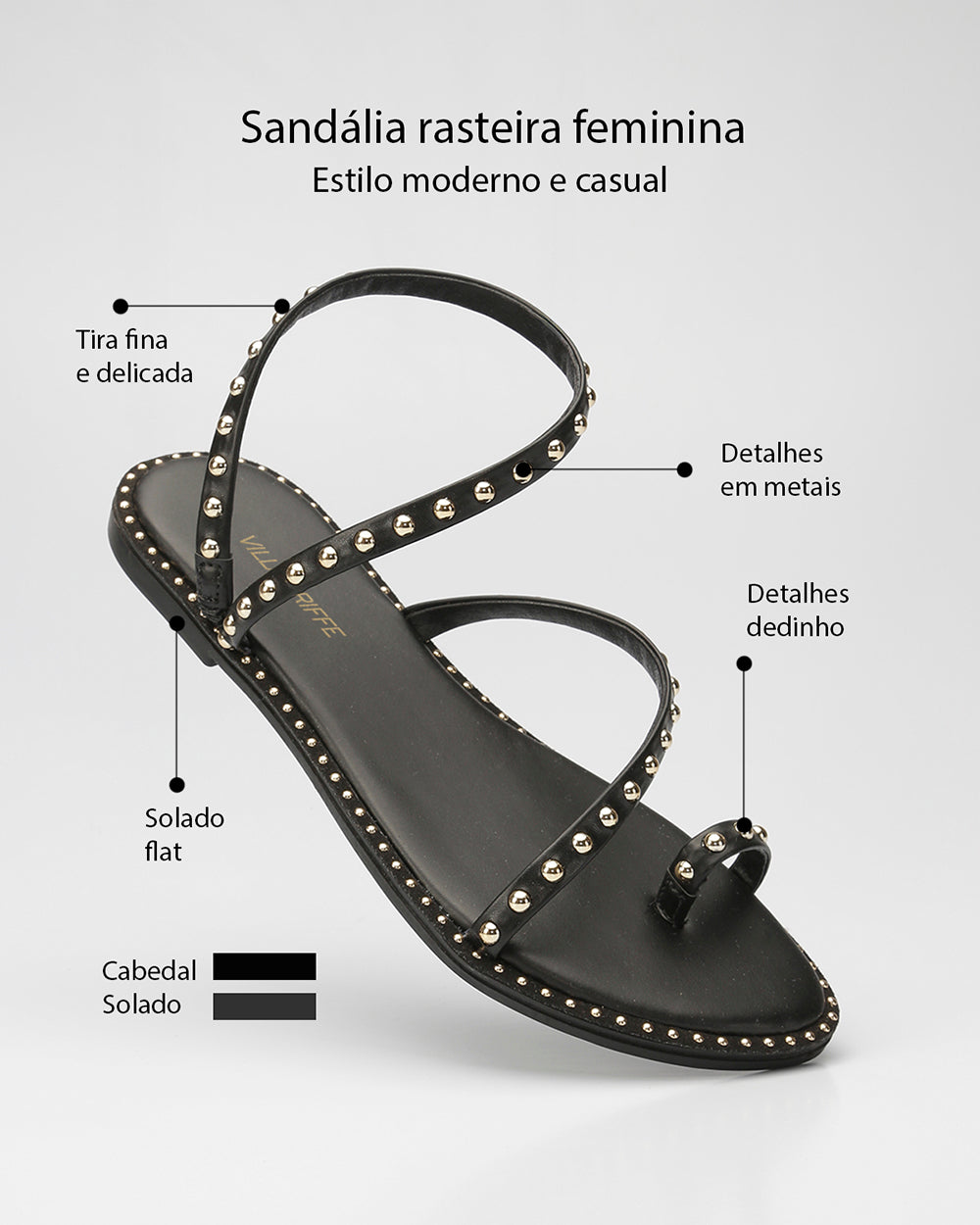 Rasteira De Dedinho Aplicações Preta Villa Griffe