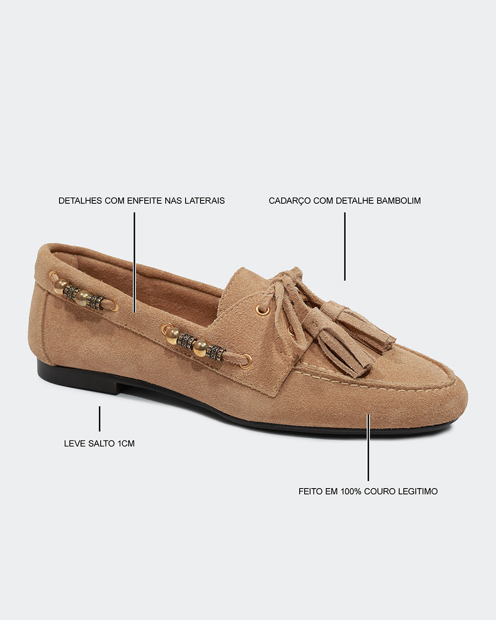 Loafer Miçangas Camurça Areia Villa Griffe